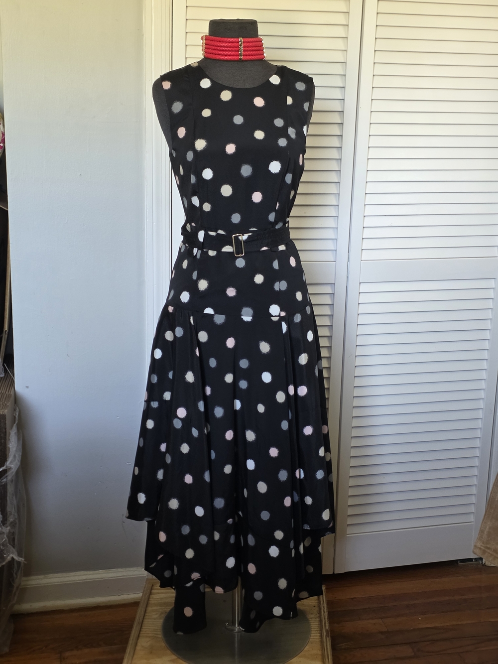 Calvin Klein NWT Polka Dot Fit & Flare Belted Dress Black Pink White Size 2